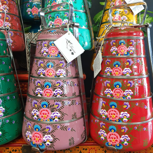 Hand painted stainless steel tiffin. Fair Trade from Kashmiri artisans. 5 tiers. An amazing 8 layers of food safe enamel paints, so dishwasher safe!