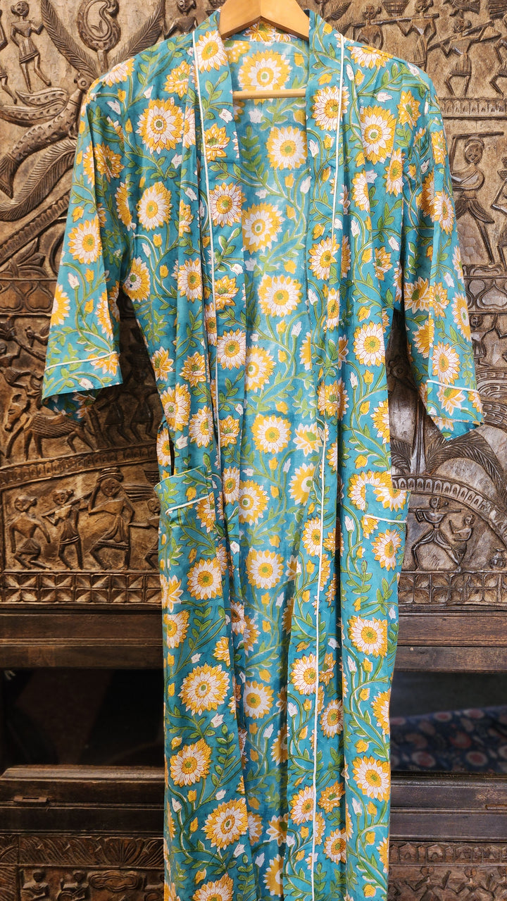 dressing gown sunflowers blue