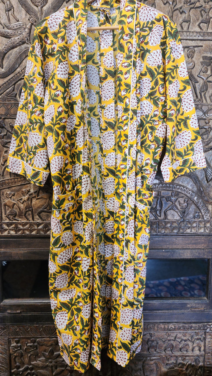 Hand Printed Cotton Robe - Yellow